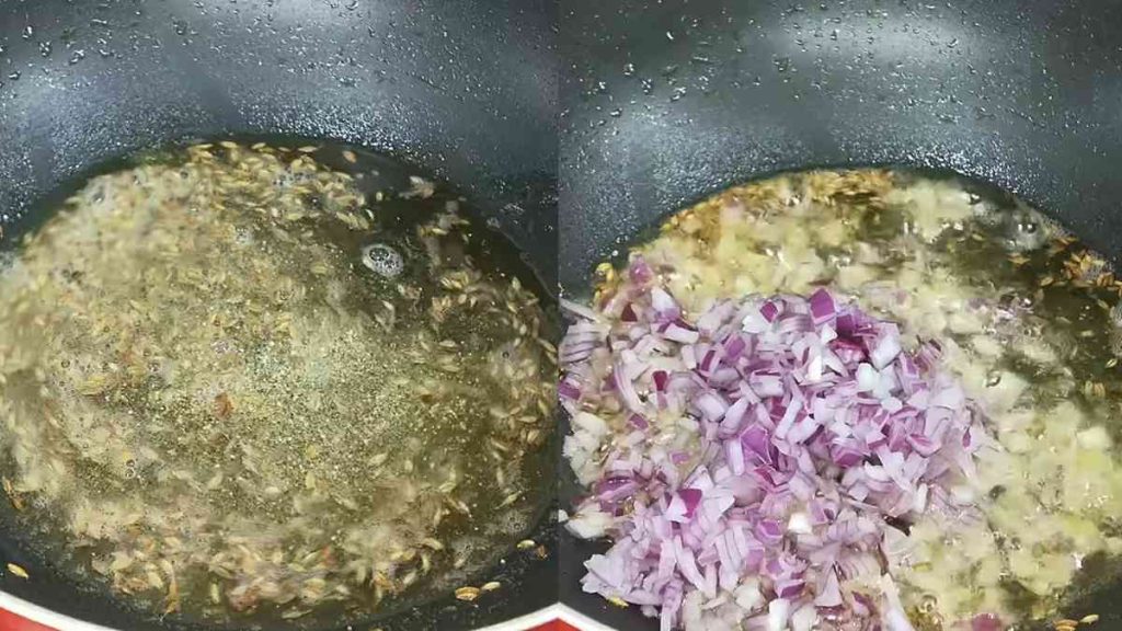 Step 5 - Add oil, cumin, hing and onion in the pan